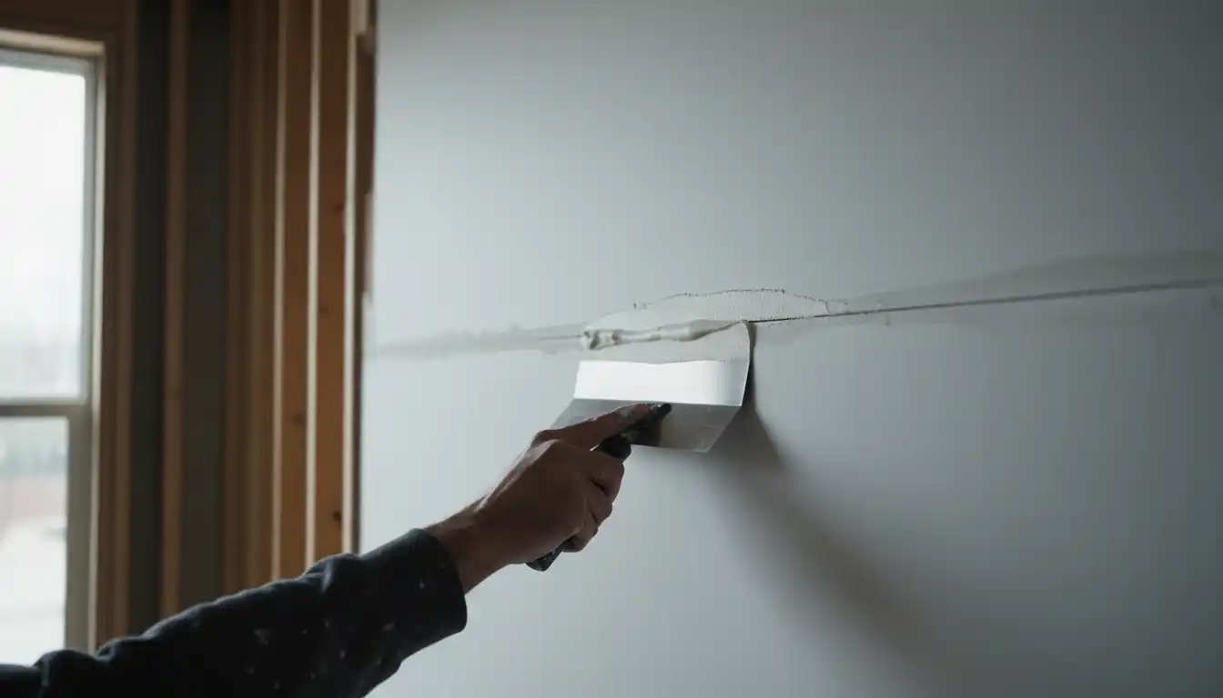 A close-up, detailed view of a skilled hand using a wide taping knife to apply joint compound to a drywall seam on a tall wall, showing the smooth, feathered technique for an invisible finish.
