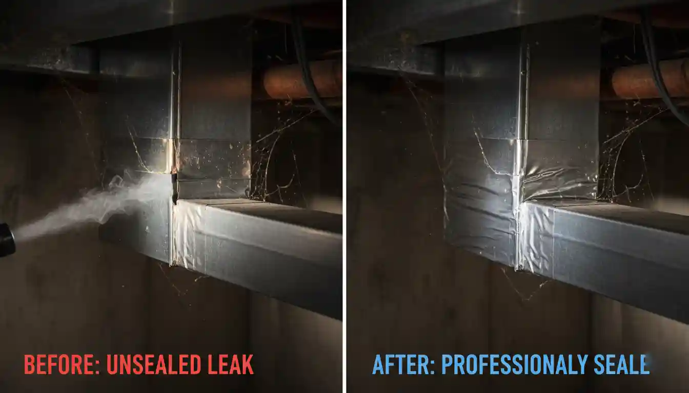  A close-up view of exposed HVAC ductwork in a basement or attic, highlighting a clear gap or leak at a joint. One side of the image shows the leak unsealed with air escaping, while the other side shows the same leak professionally sealed with silver foil mastic tape, demonstrating the before and after of a repair.