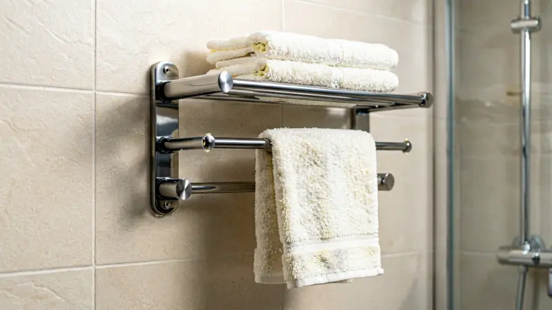Expanding foam securing a towel rack on a bathroom wall