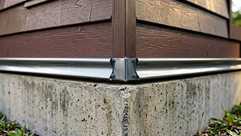 Exterior wall flashing detail at the junction where siding meets a concrete foundation