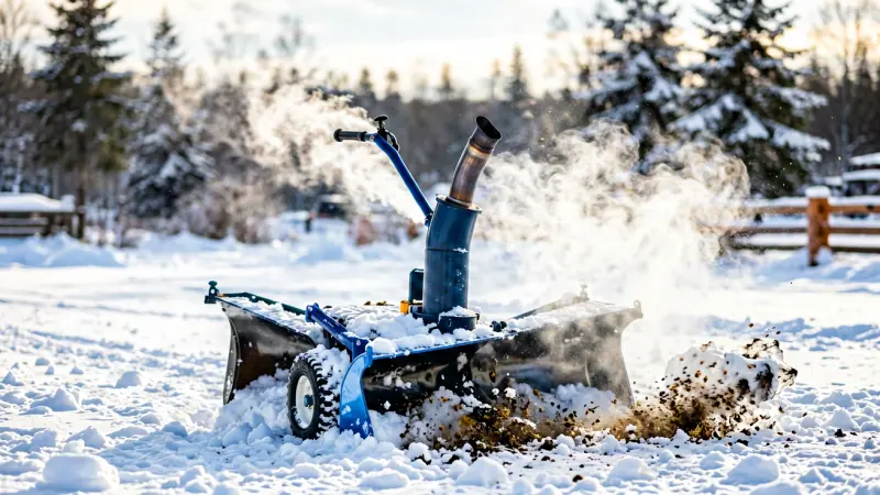 Snowblower exhaust pipe releasing gas outdoors in winter