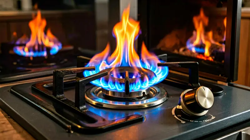 Gas fireplace burner with blue and orange flames and a control knob