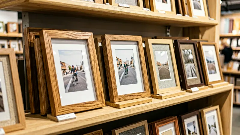 Assorted wooden picture frames and matting samples on a retail display shelf