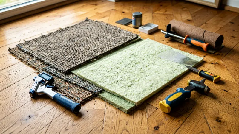 Carpet samples, padding, and installation tools arranged on a wooden floor