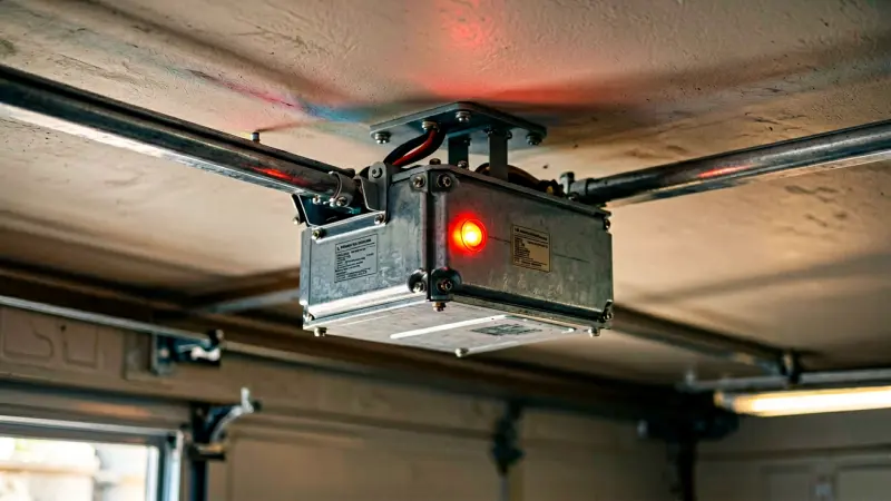 Garage door opener motor unit with diagnostic LED indicator on ceiling