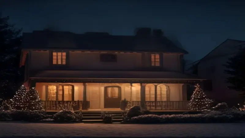 A house exterior illuminated by many strands of lights.