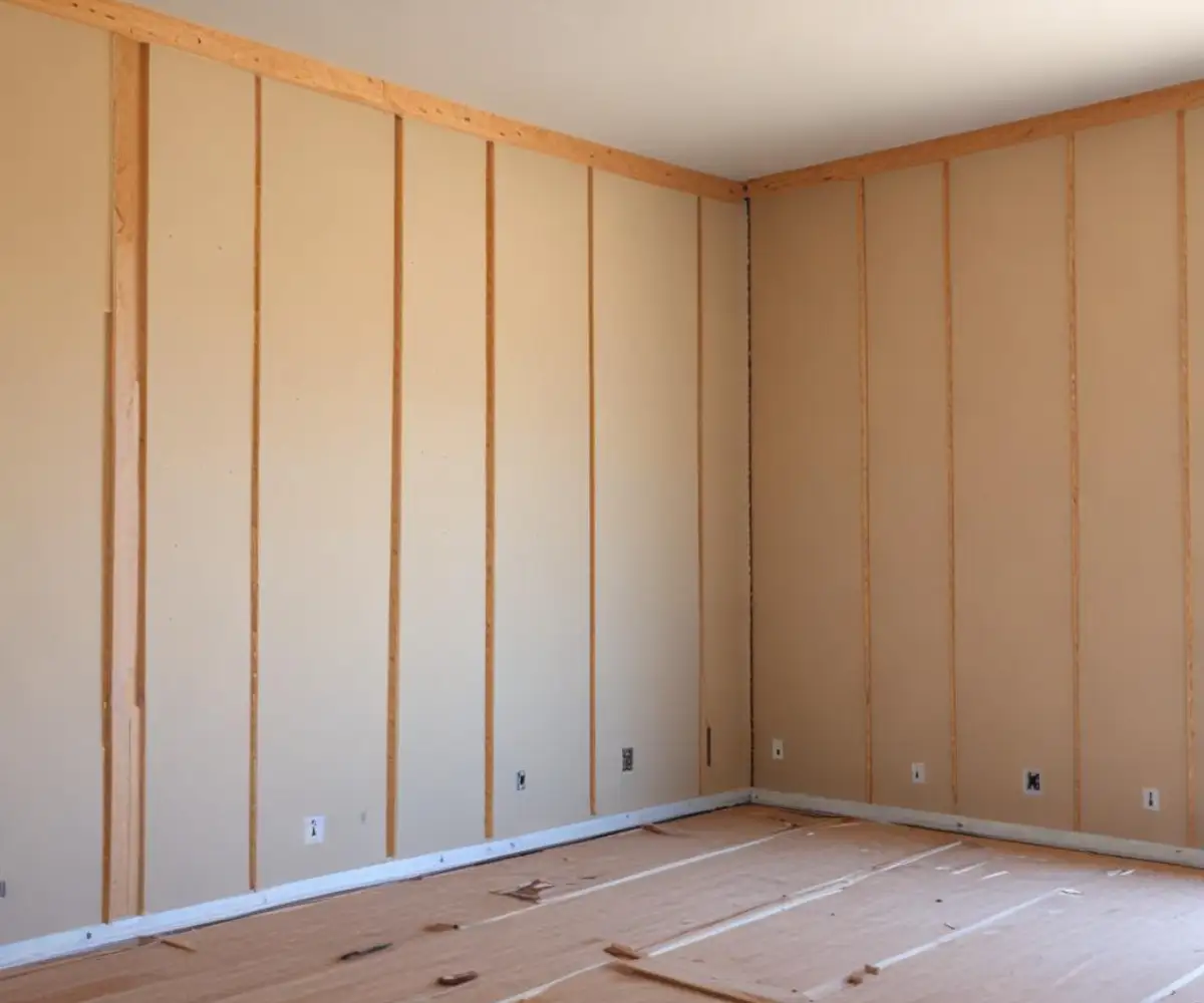Unfinished residential wall with freshly installed sheets of drywall on tall, 10-foot wooden studs.
