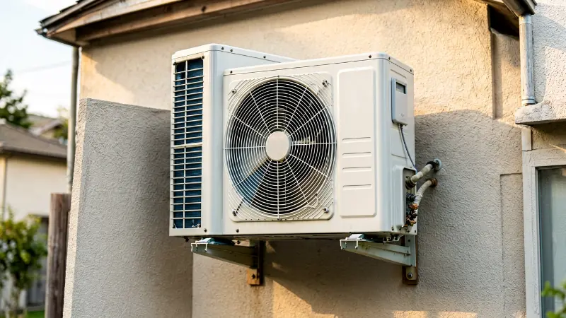 [Outdoor unit of a split system air conditioner mounted on a residential exterior wall]