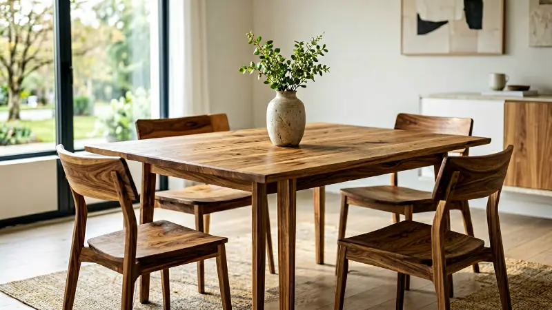Modern solid wood dining table with chairs and decorative vase