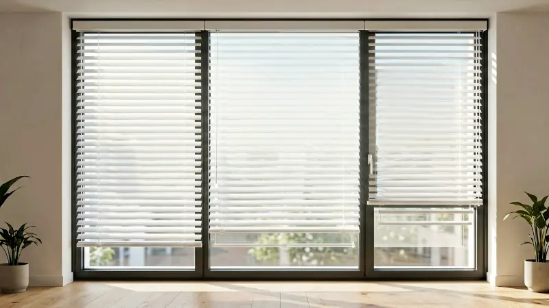 [Modern white blinds installed on a large window frame]