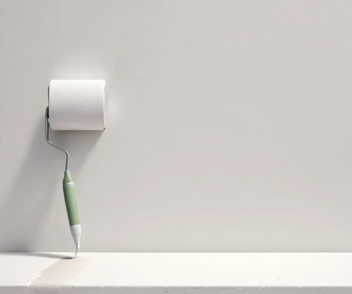 A close-up of a freshly painted white wall showing a subtle, stippled texture left by a paint roller. The lighting highlights the uneven surface of the paint.