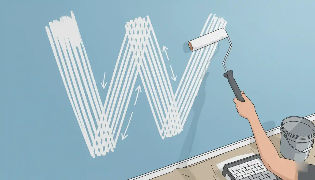 An illustration of a person's hands holding a paint roller applying white paint to a light blue wall using the "W" method. The roller is depicted in the middle of forming the "W" pattern, showing overlapping strokes for even coverage.