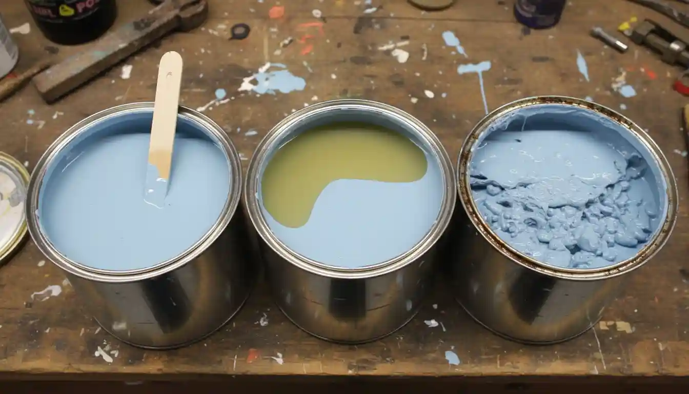 Three open paint cans showing different stages of paint separation: one perfectly mixed light blue with a stir stick, one with a layer of yellow liquid on top of blue paint, and one with lumpy, curdled blue paint.
