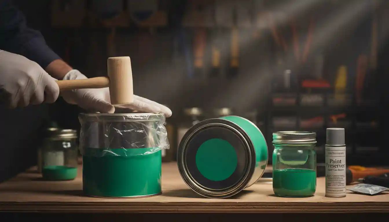 A person wearing white gloves gently tapping the lid onto a can of green paint sealed with plastic wrap using a rubber mallet. Beside it, a sealed green paint can stored upside down, a small glass jar filled with green paint, and a spray can labeled "Paint Preserver."
