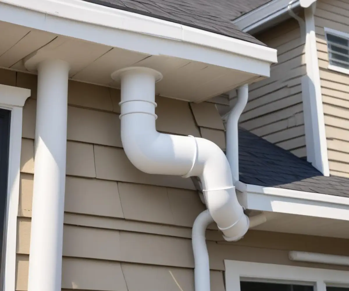 A white PVC plumbing vent pipe cap terminating on the exterior siding of a residential house.