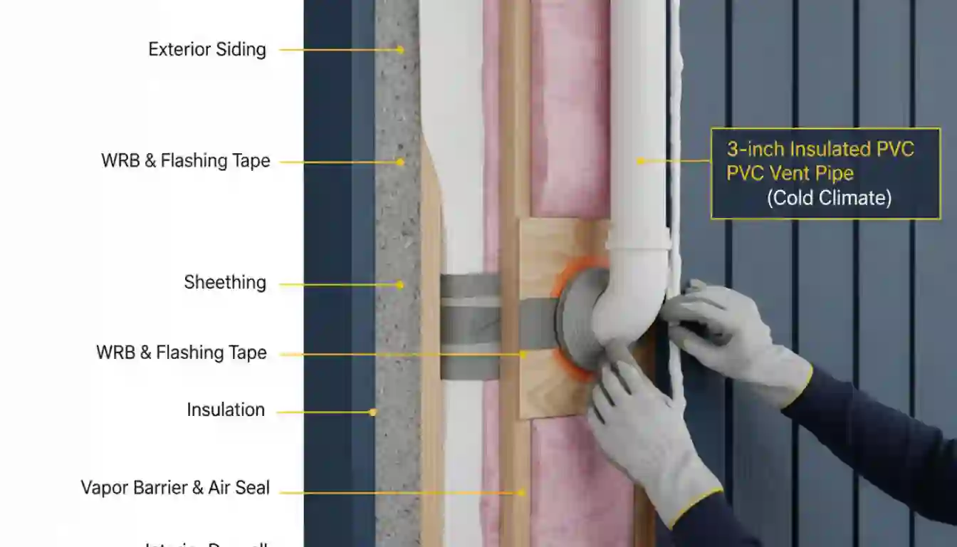 A cutaway diagram showing the layers of an exterior wall assembly with a plumbing vent pipe penetrating through it. Key layers are labeled: Exterior Siding, WRB & Flashing Tape, Sheathing, Insulation, Vapor Barrier & Air Seal, and Interior Drywall. A construction worker's gloved hands are shown sealing around the vent pipe from the exterior. A callout highlights the 3-inch insulated PVC vent pipe for cold climates.