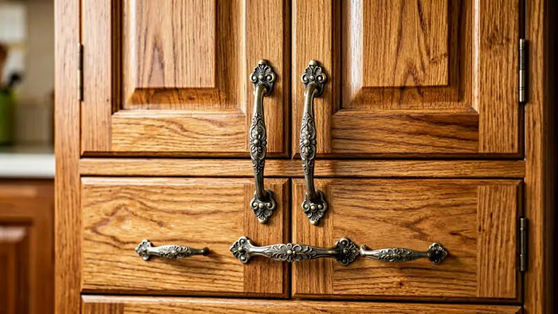 Decorative metal cabinet pulls mounted on wooden kitchen cabinet doors and drawers