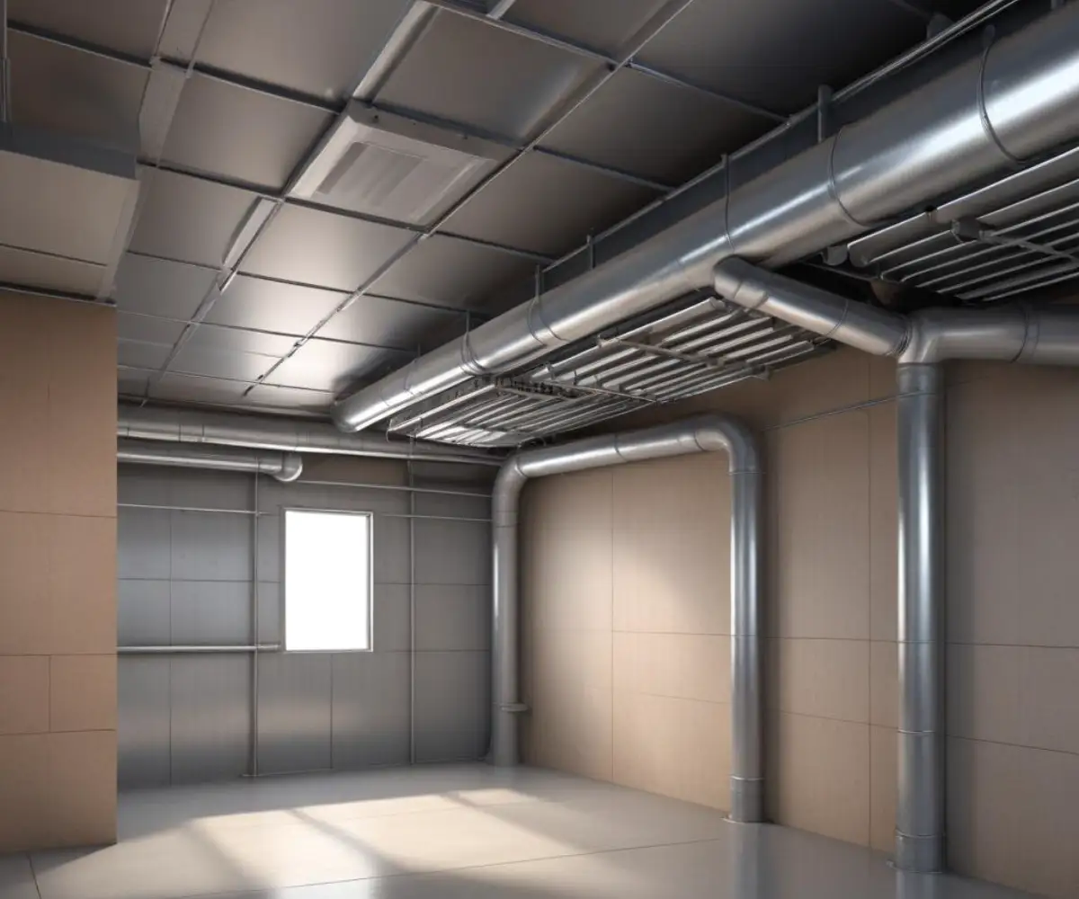 Rectangular metal HVAC ductwork running along a basement ceiling.