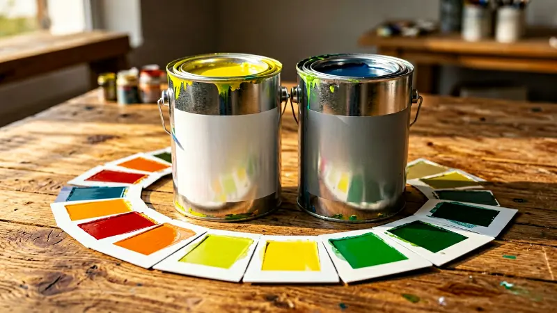 Two paint cans and color swatches on a wooden table