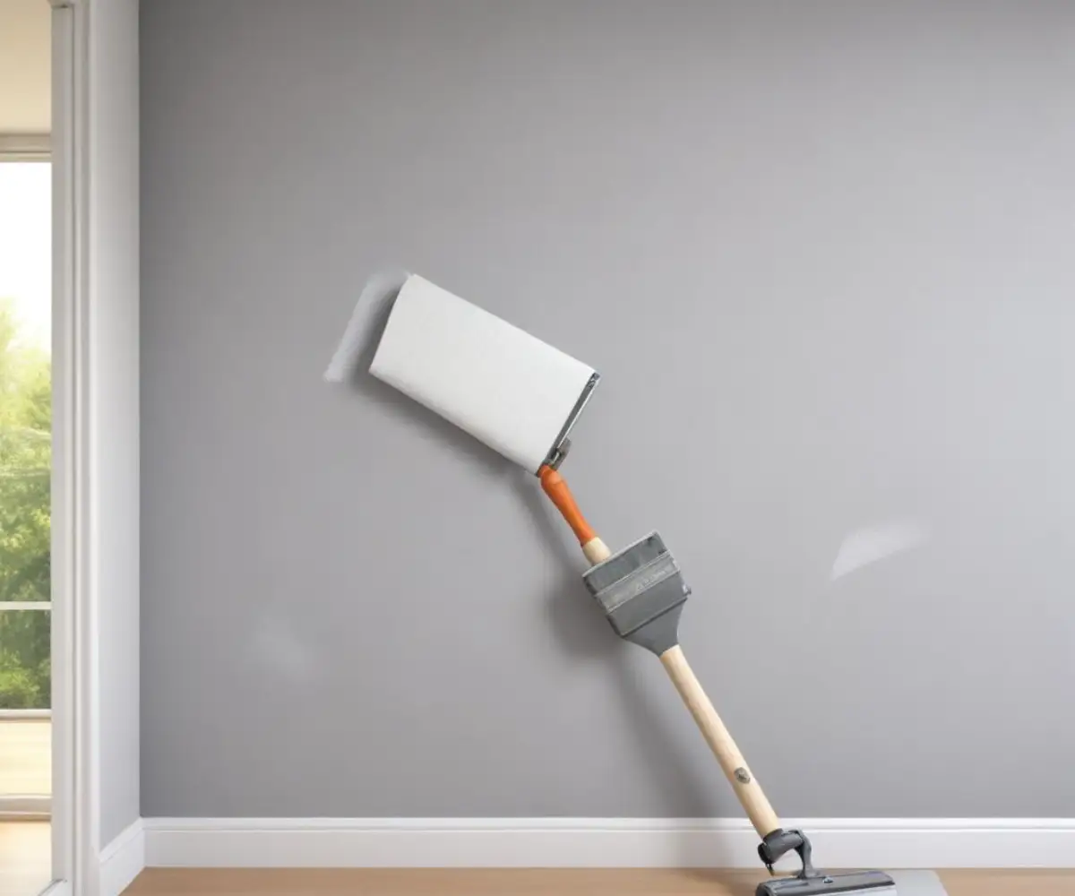 A smooth, freshly skim-coated gray wall with a paint roller applying a white primer.