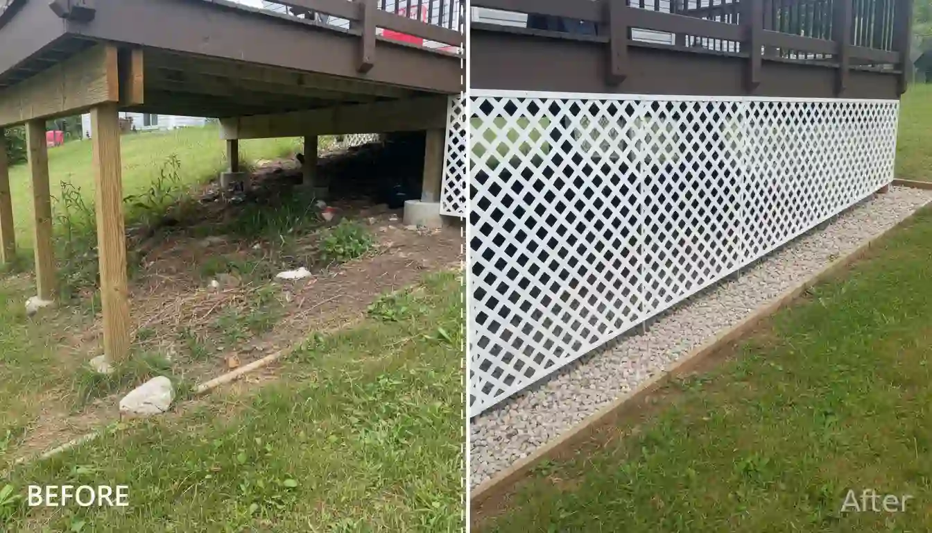 Before and after comparison of a sloped yard under a raised deck, showing an uneven, overgrown area transforming into a neat, professionally installed vinyl lattice skirting with a gravel bed.
