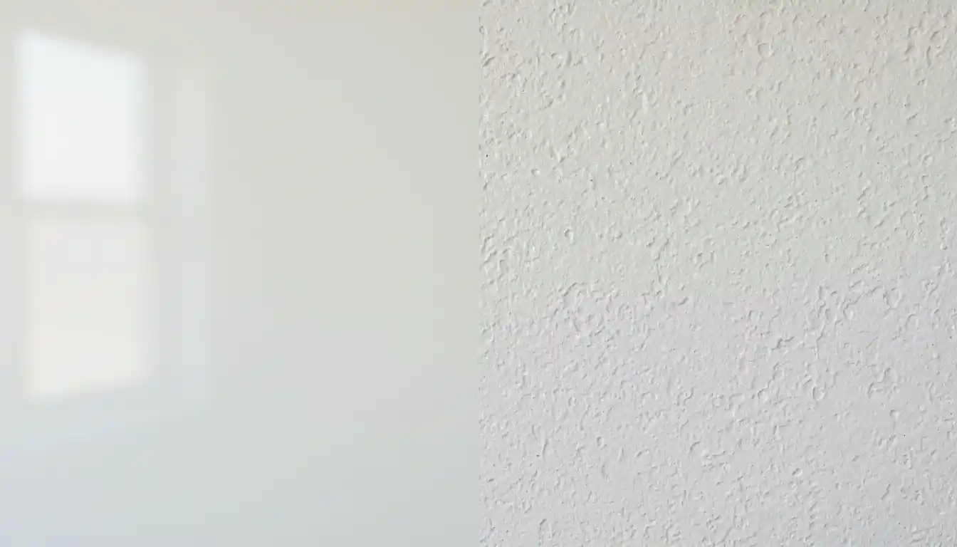  A split image showing a close-up of a wall with perfectly smooth, uniform white paint on one side, and on the other side, a close-up of a wall with a noticeable, uneven "orange peel" texture. The smooth side reflects light evenly, while the textured side shows scattered highlights and shadows.