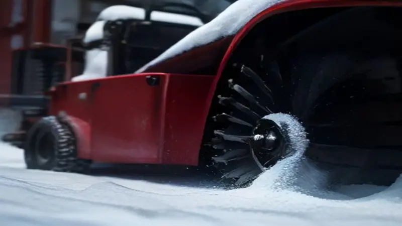 Close-up of a snowblower auger gearbox with a container of lubricating oil
