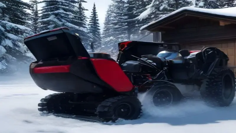 A parked snowblower with its engine visible