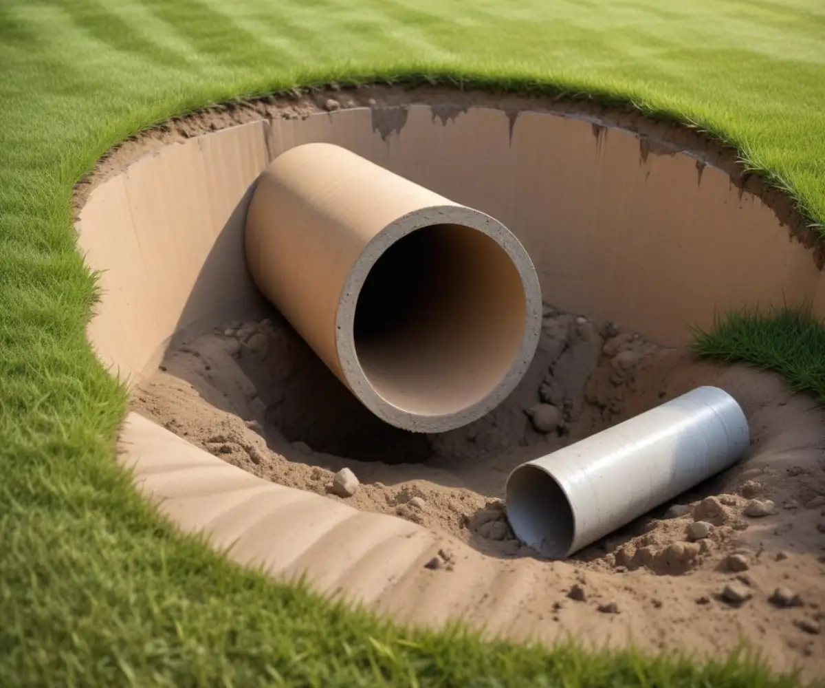 A cardboard concrete form tube set inside a freshly dug hole in a lawn, ready for a fence post and concrete.