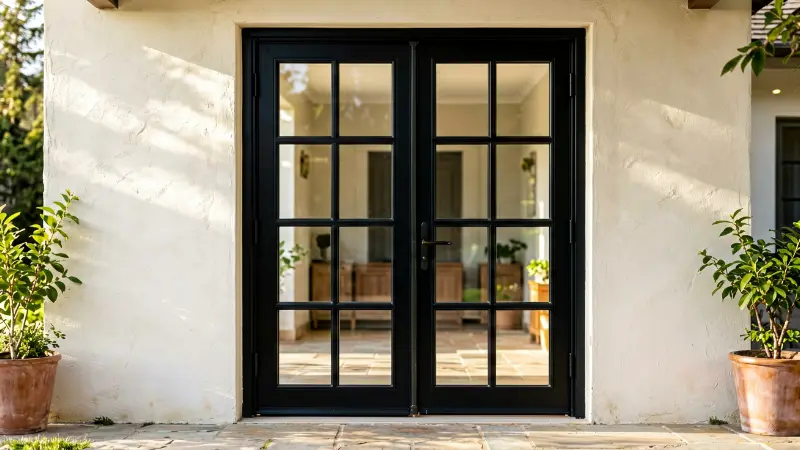 Therma Tru French doors with black frames and grid design