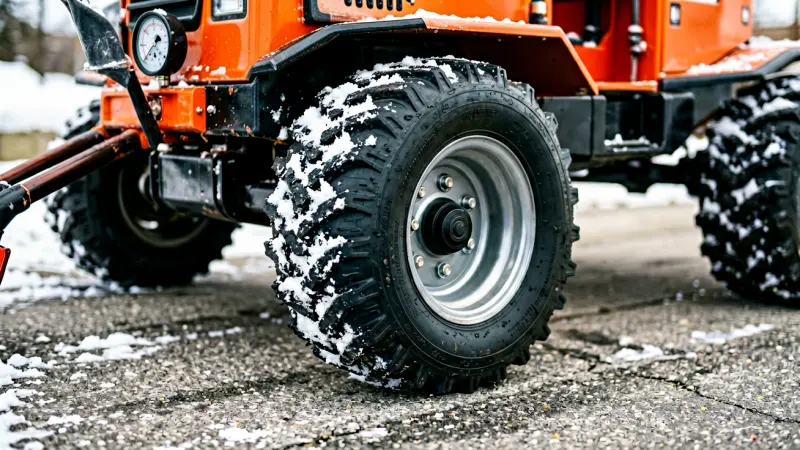 Close-up of a snowblower tire and pressure gauge on a paved surface