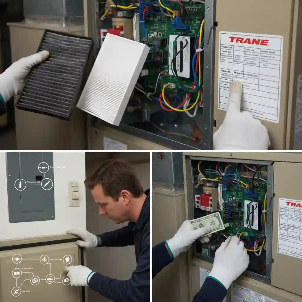 A composite image showing three essential DIY furnace checks: A hand replacing a dirty air filter, a finger pointing to the diagnostic code sticker on the control panel door, and a hand gently cleaning the flame sensor rod with a dollar bill. This illustrates the initial steps for solving common Trane XV80 flash codes.