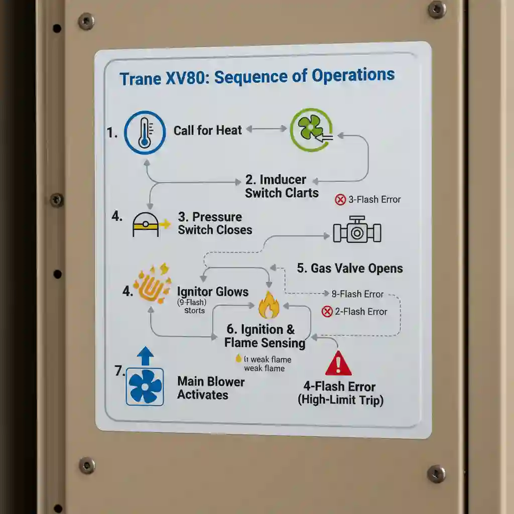 A composite image showing three essential DIY furnace checks: A hand replacing a dirty air filter, a finger pointing to the diagnostic code sticker on the control panel door, and a hand gently cleaning the flame sensor rod with a dollar bill. This illustrates the initial steps for solving common Trane XV80 flash codes.