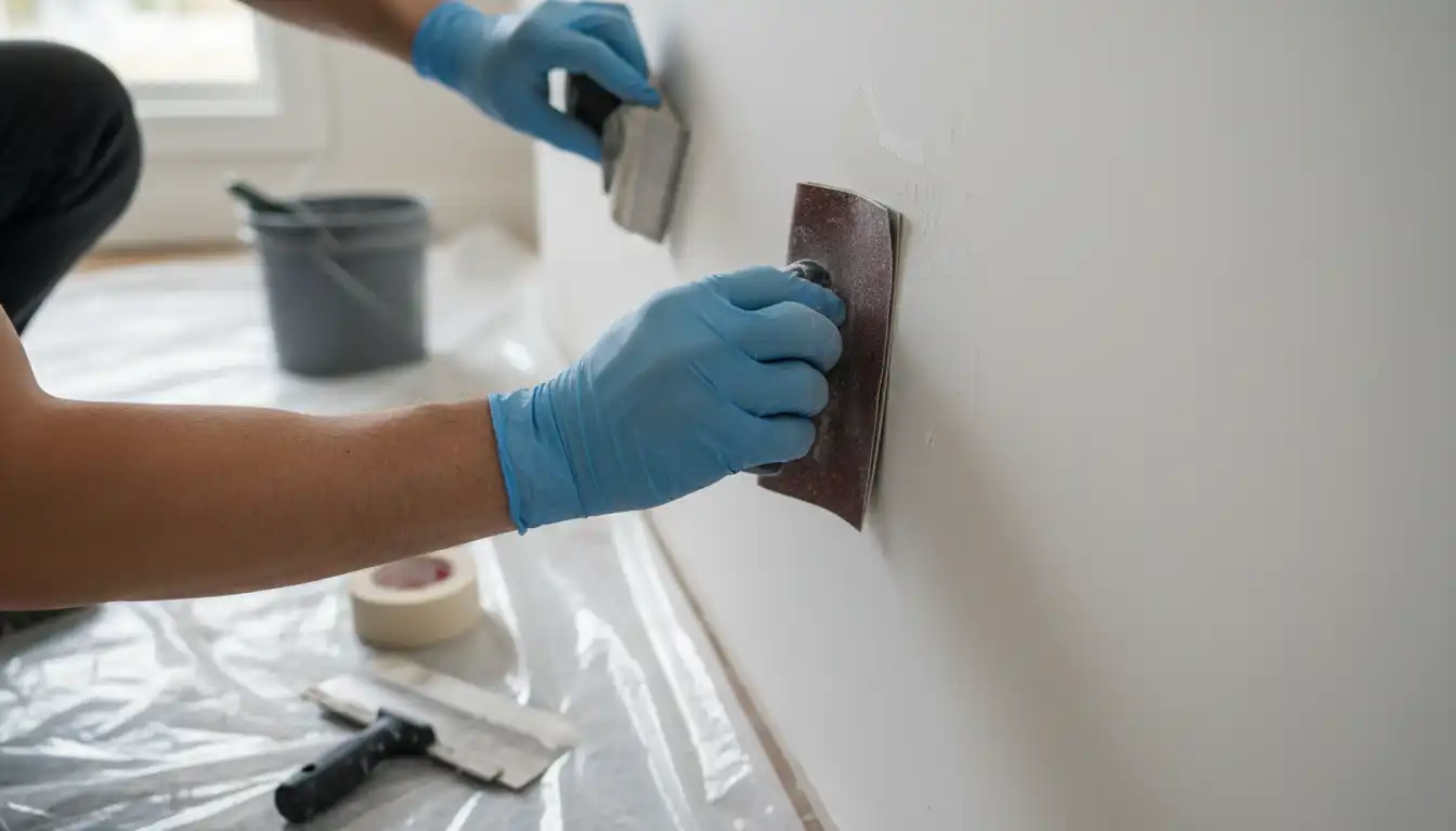 A person's gloved hands are shown meticulously sanding a patched section of a wall with fine-grit sandpaper. The surrounding wall is clean, indicating careful surface preparation before repainting.