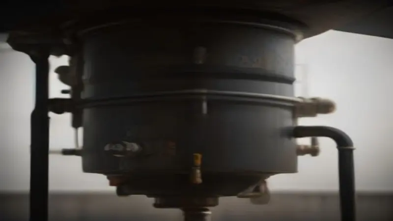 A close-up view of the bottom of a water heater tank, showing the drain valve and pipes.