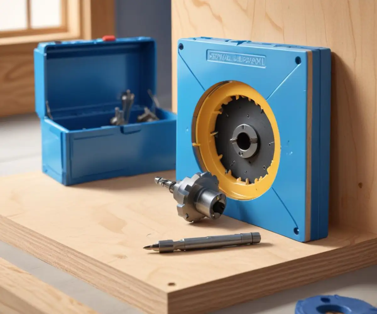 A hole saw drill bit positioned next to a round, blue plastic electrical box on a piece of unfinished plywood.
