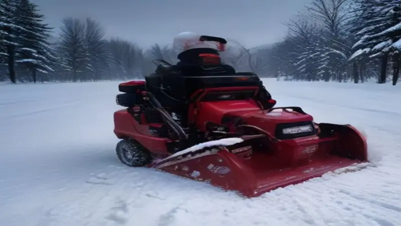 A red and black Toro snowblower on a snowy driveway.