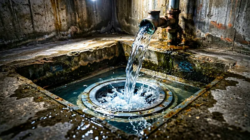 Water flowing into a sump pump pit in a basement