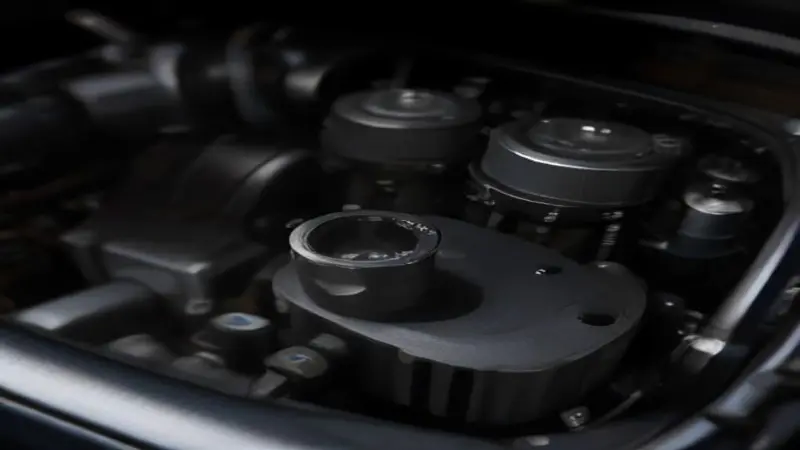 A close-up view of a small engine's cylinder head, highlighting a compression release mechanism.