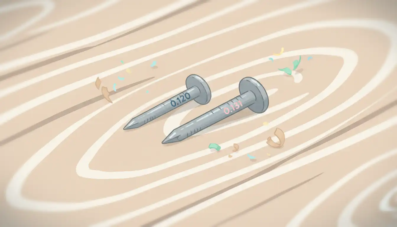 A close-up of two different sized framing nails, a .120 and a .131, lying parallel on a clean, unfinished wood surface.