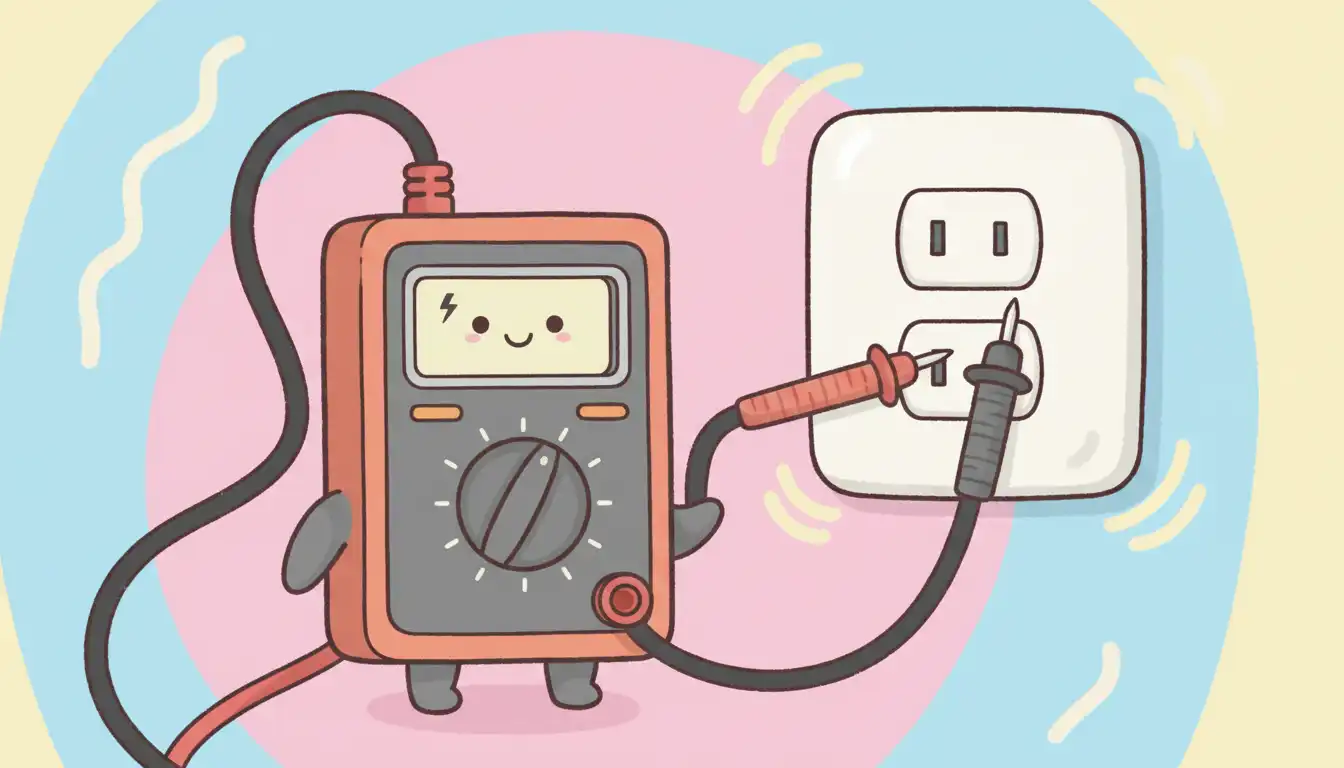 A digital multimeter with probes testing the hot and neutral slots of a white residential electrical wall outlet.