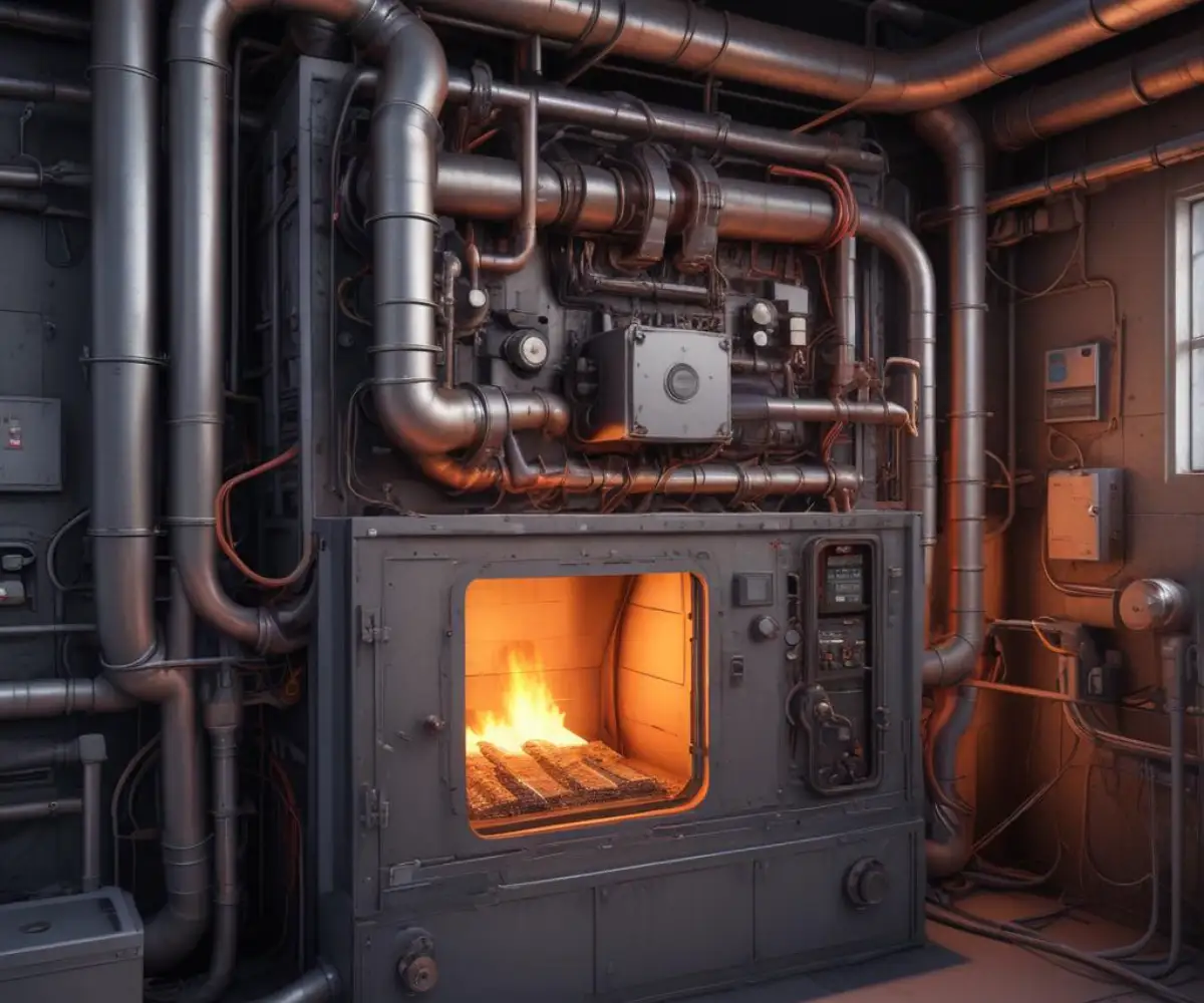 An open furnace interior showing the control board, blower motor, and various wiring.