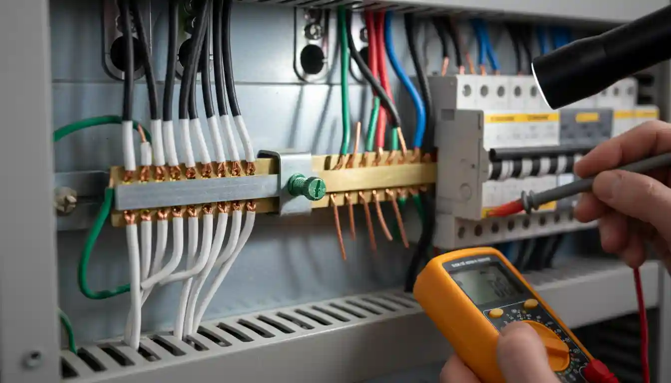 Close-up view of a main electrical panel showing the neutral and ground bus bars with a bonding screw connecting them, illustrating a proper neutral-to-ground bond.
