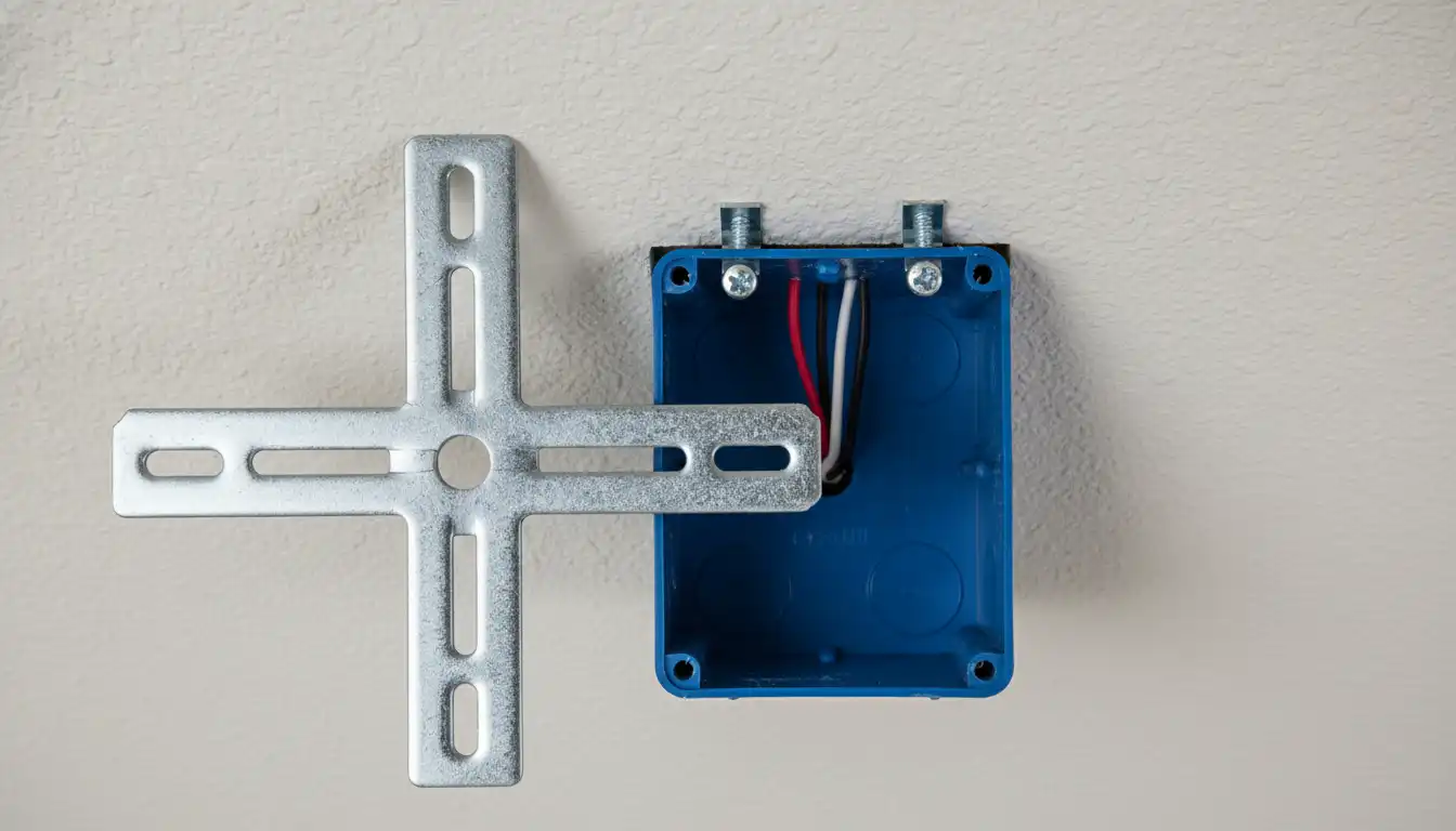 A metal universal crossbar mounting bracket next to a blue plastic electrical junction box mounted in a ceiling.