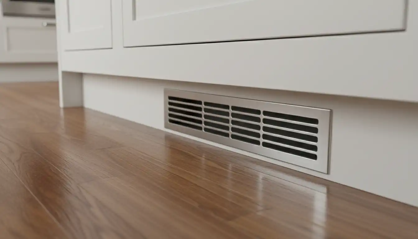 A silver, vented toe kick heater installed in the base of a white kitchen cabinet on a hardwood floor.