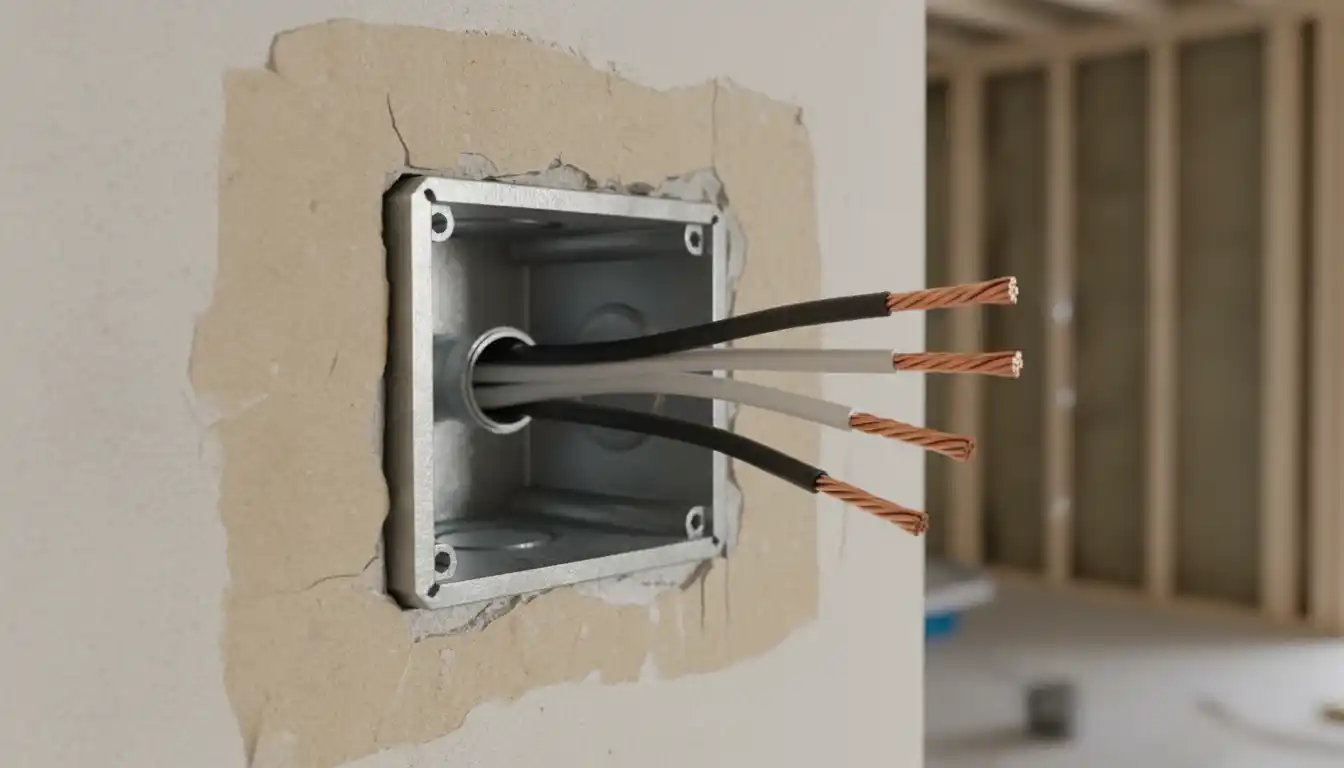 Open wall electrical box revealing three black and three white insulated copper wires