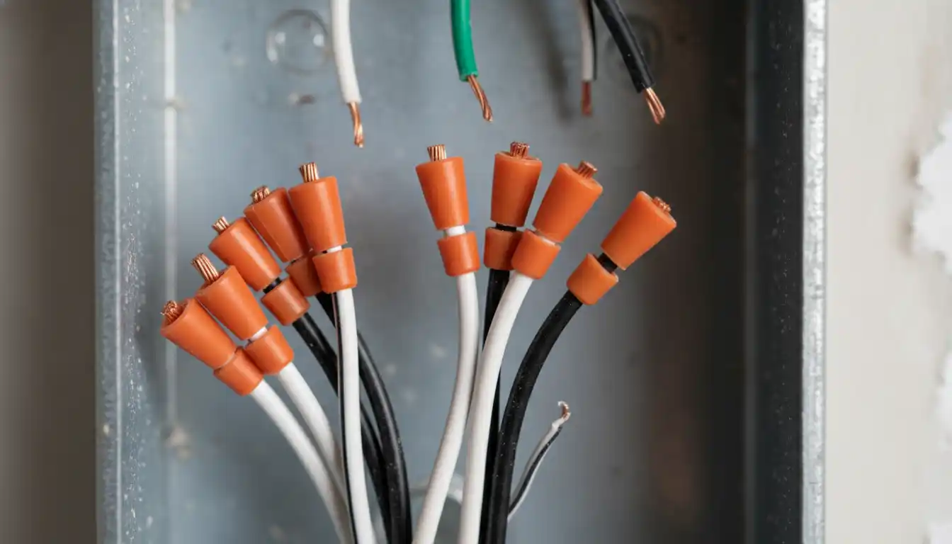 Close-up of wire nuts securing clustered black and white electrical wires inside a receptacle box