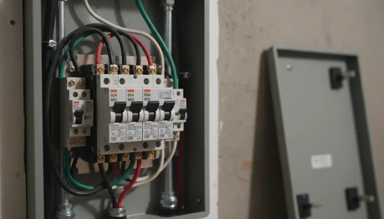 Close-up view of wiring connections and circuit breakers inside an open 60 amp sub panel box