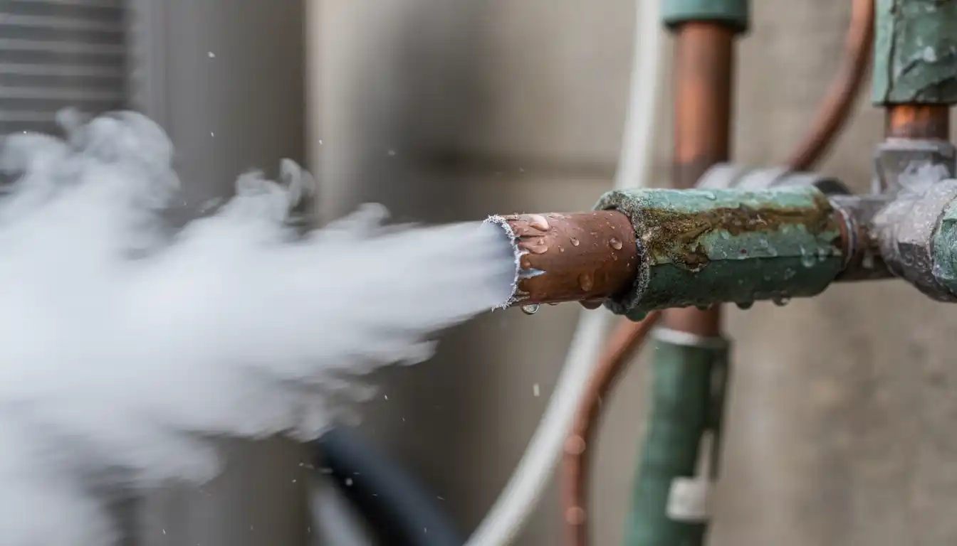 Close-up of severed air conditioning copper line set releasing white mist