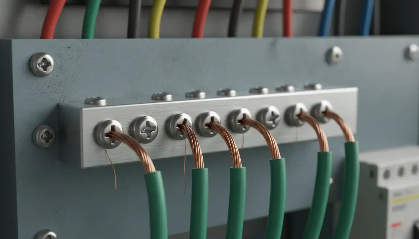 Close-up view of green grounding wires secured to a metal terminal bar